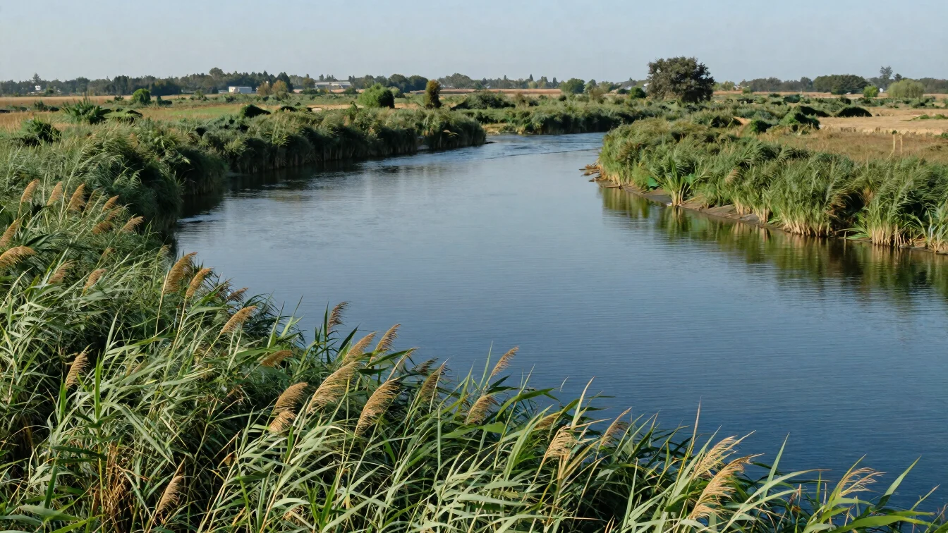 Wide natural view of a calm river bend lined with green reeds, ea