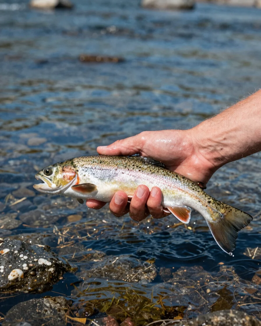 Close documentary detail of hands gently holding a freshly caught trout over wet river stones, natural daylight, realist
