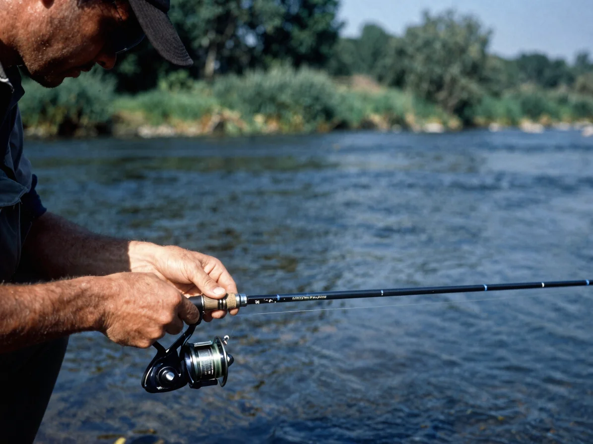 Angler in natural daylight adjusting a fine leader line on a riverbank, hands and rod visible, moving water in soft focu