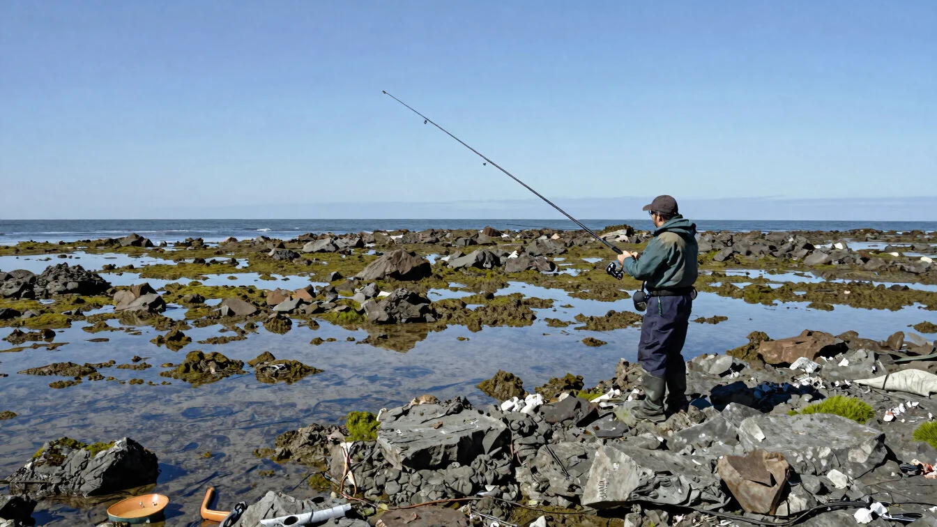 Angler on a rocky coastline at low tide with fishing rod, natural