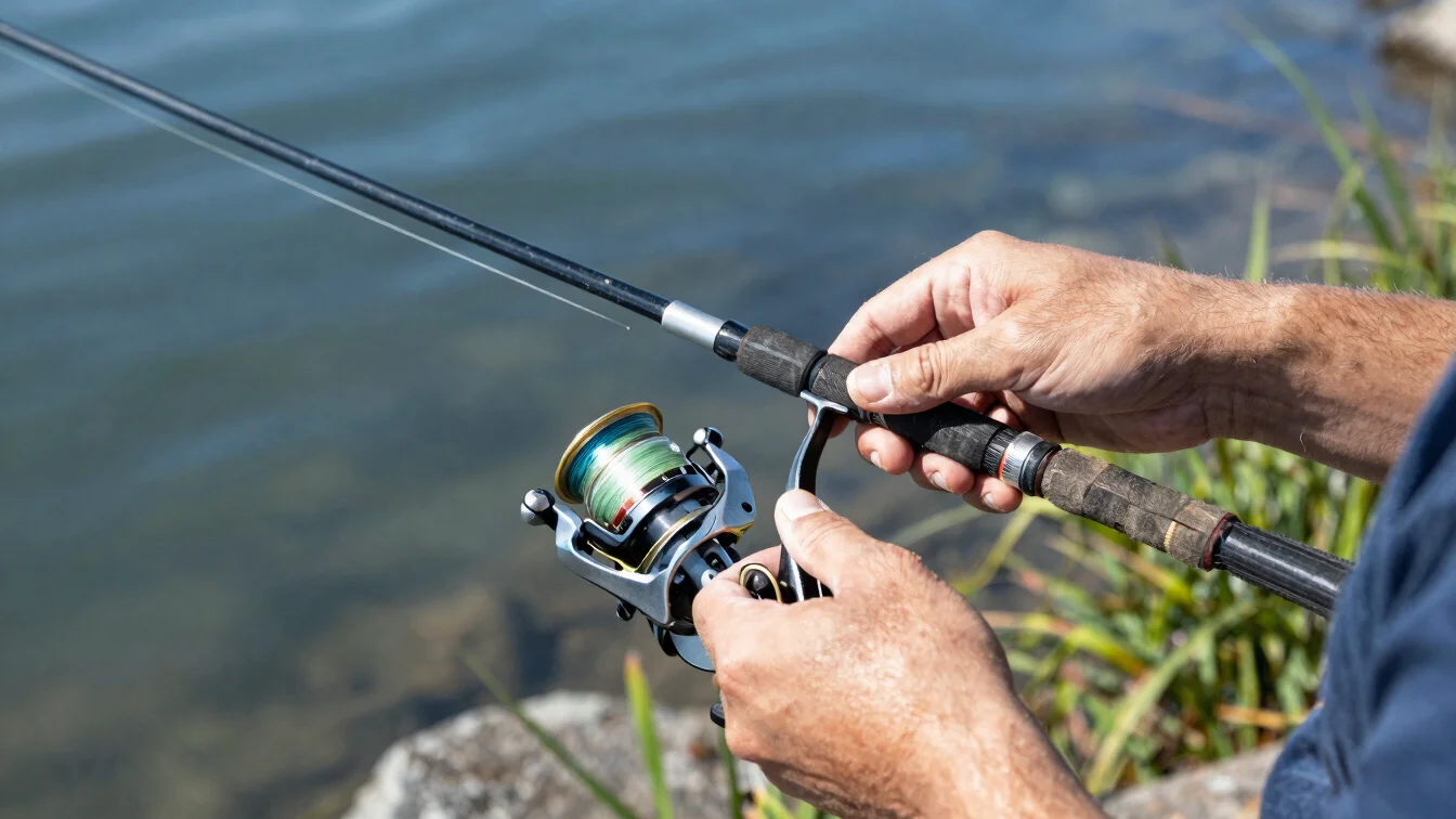 Close detail of hands tying a fishing rig beside a reel and line,