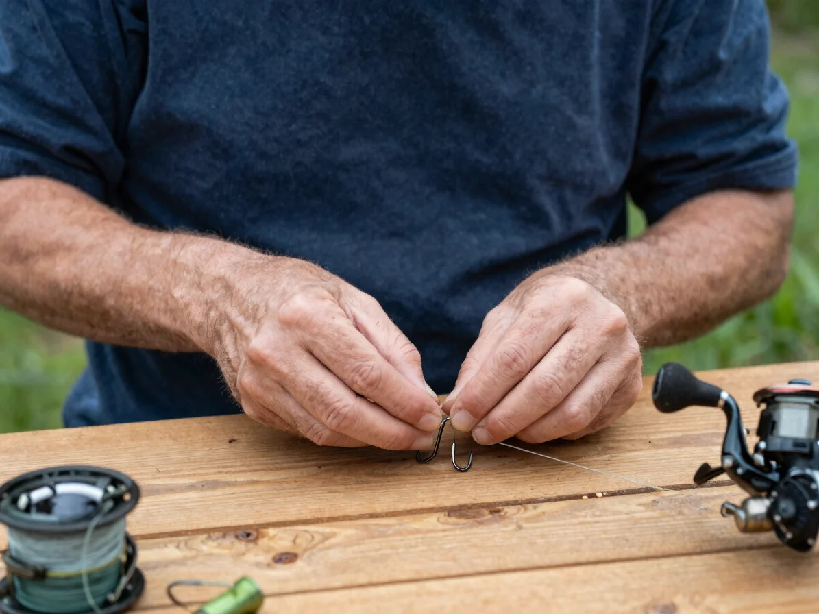 Close photograph of hands assembling a fishing rig with line, hoo