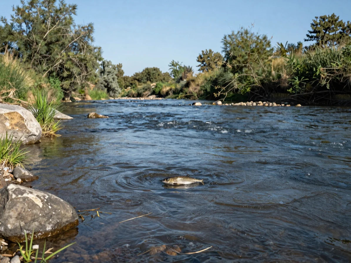 Angler wading quietly in a river with flowing water and natural b