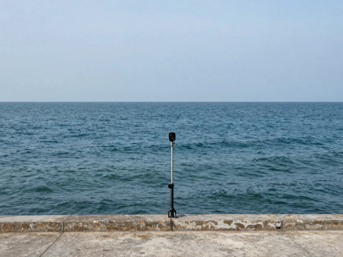 Angler on a coastal jetty watching the sea under overcast natural