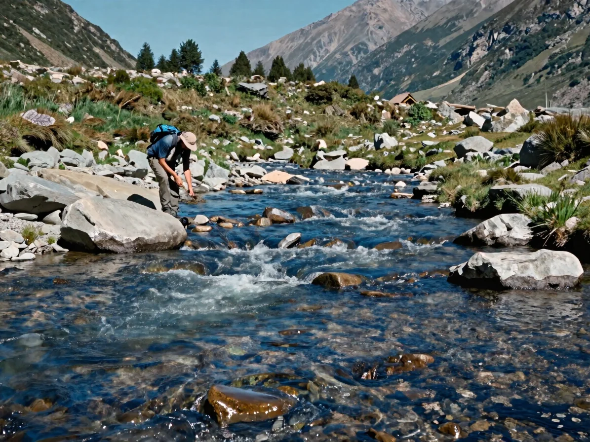 Wide natural daylight view of a fast mountain stream over stones,