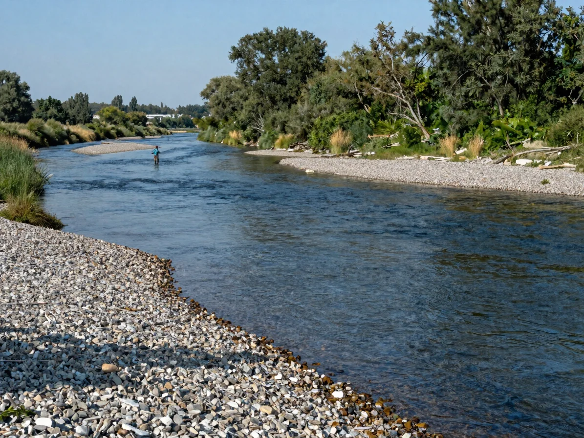 Wide river at mid-morning, gentle current over gravel bars, a fly