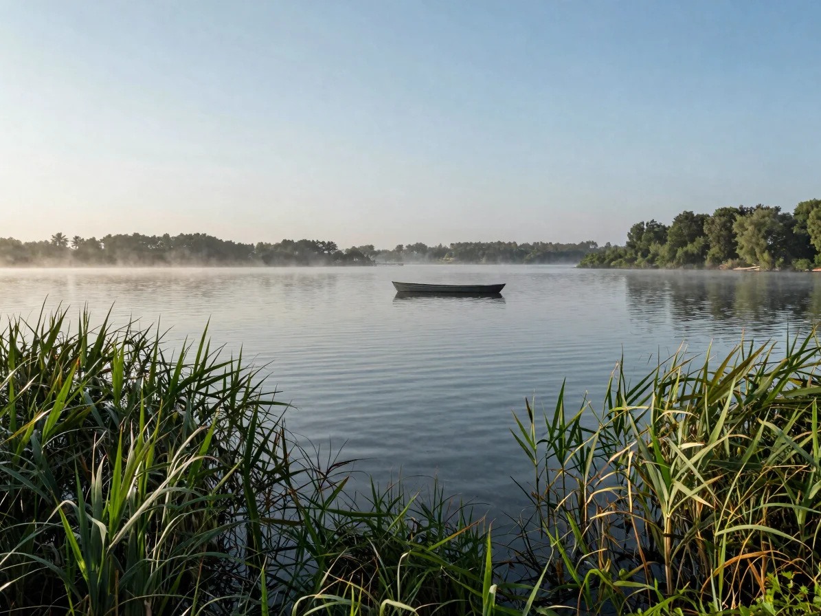 Calm lake surface at dawn with reed margins and soft mist, a smal