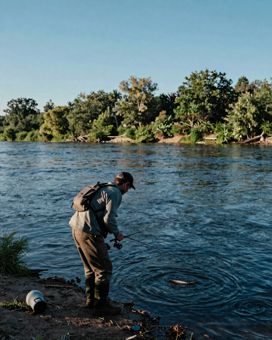 Documentary outdoor photograph of an angler standing on a riverba